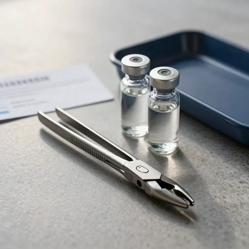Lab forceps and sealed vials on brushed stone with a deep navy accent.