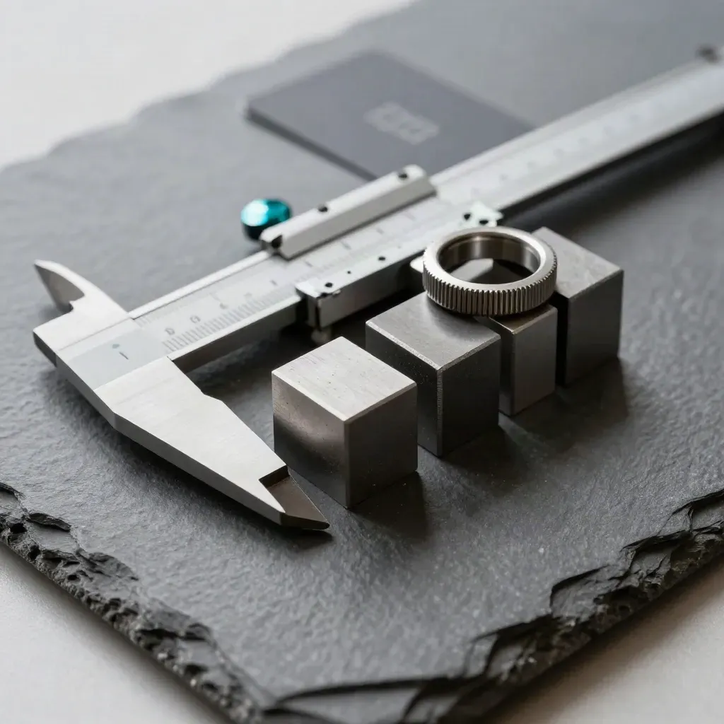 Industrial gauge block, caliper body and steel ring on slate with dramatic workshop light.