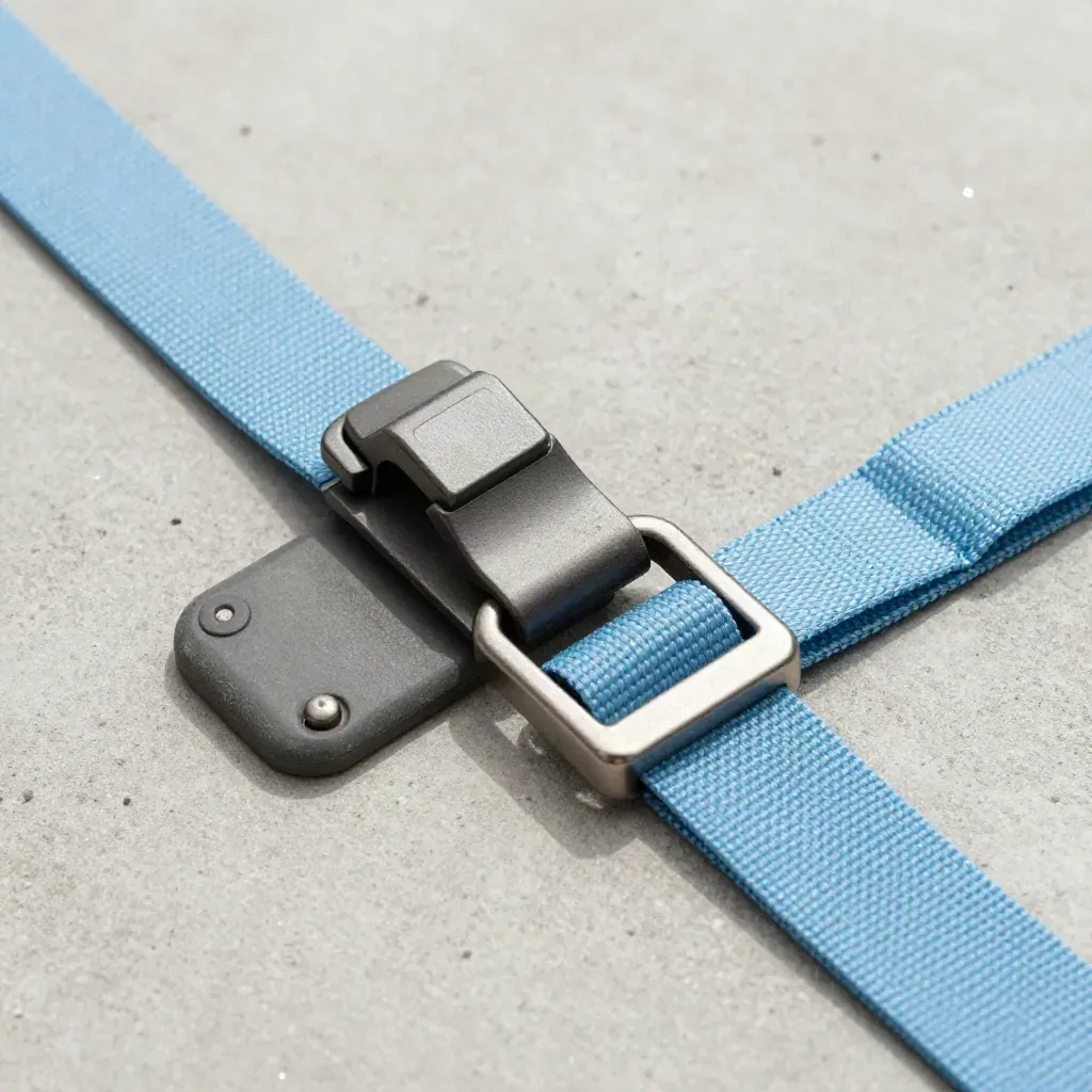 Cargo latch, corner protector and strap buckle on concrete, shot tight from above.
