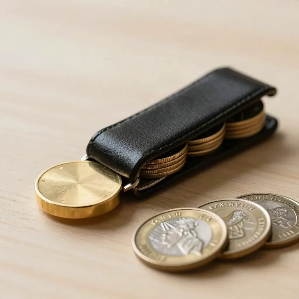 Brass seal, leather money clip and brushed-metal tokens on pale wood in soft daylight