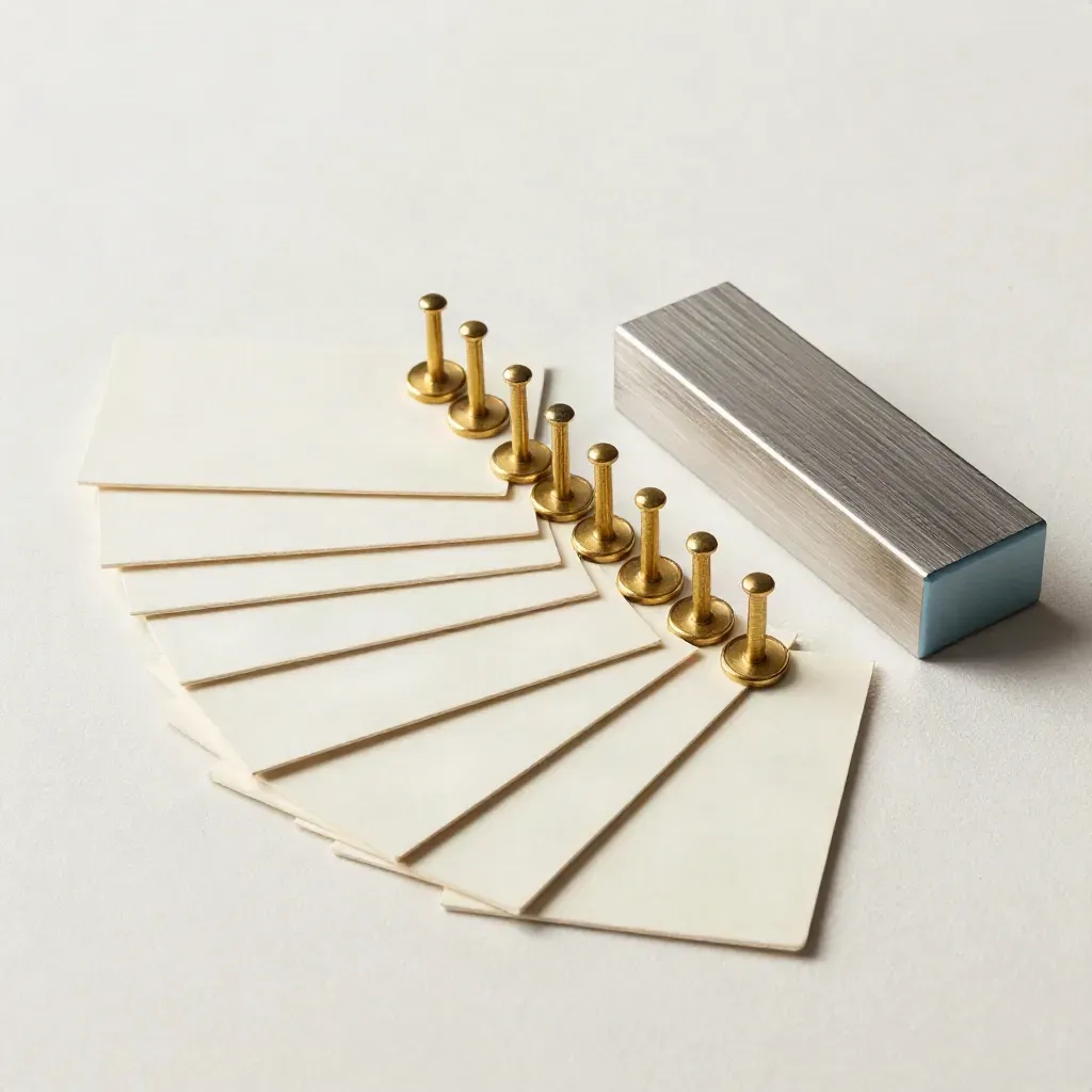 Flat lay of blank strategy cards, brass pins, and brushed aluminum block on pale plaster.