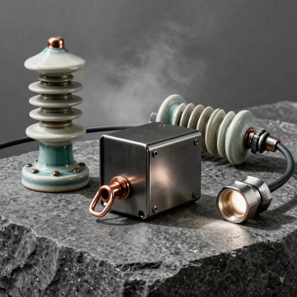 Energy-grid parts on dark basalt with dramatic light and teal accent