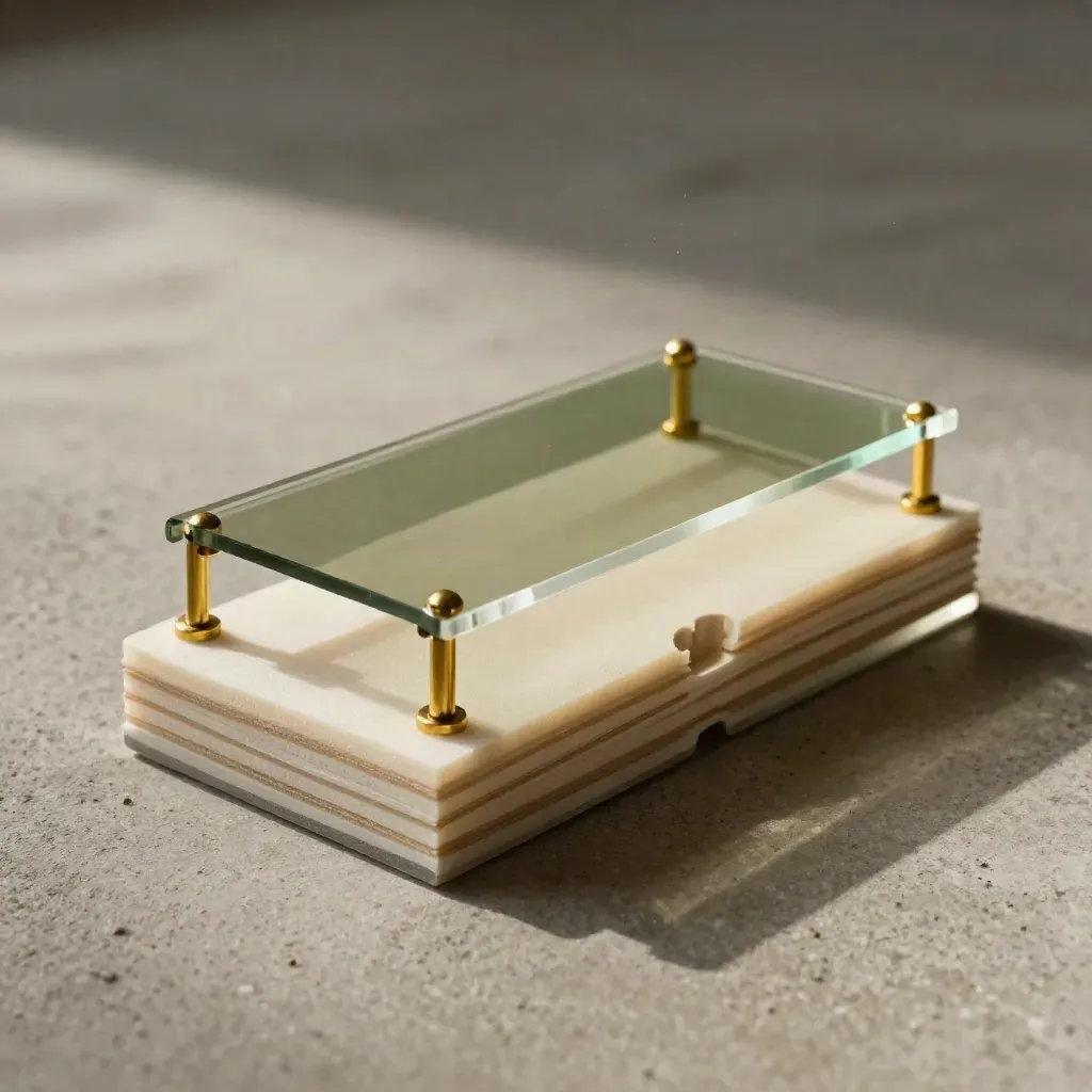 Macro still life of acrylic prototype shell, foam mockup, and brass standoffs on warm concrete.