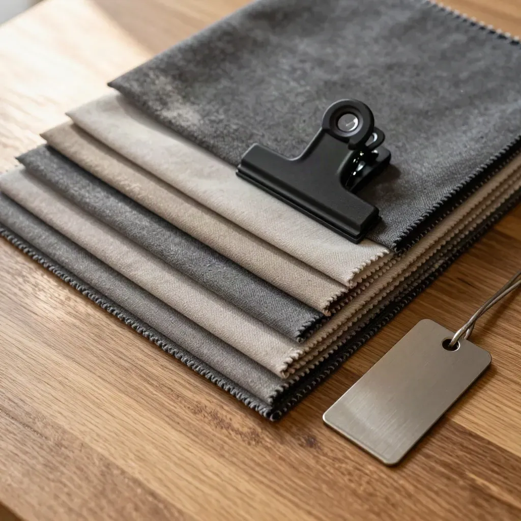 Fabric swatches, clip, and shelf tag holder on oak in a premium retail flatlay.