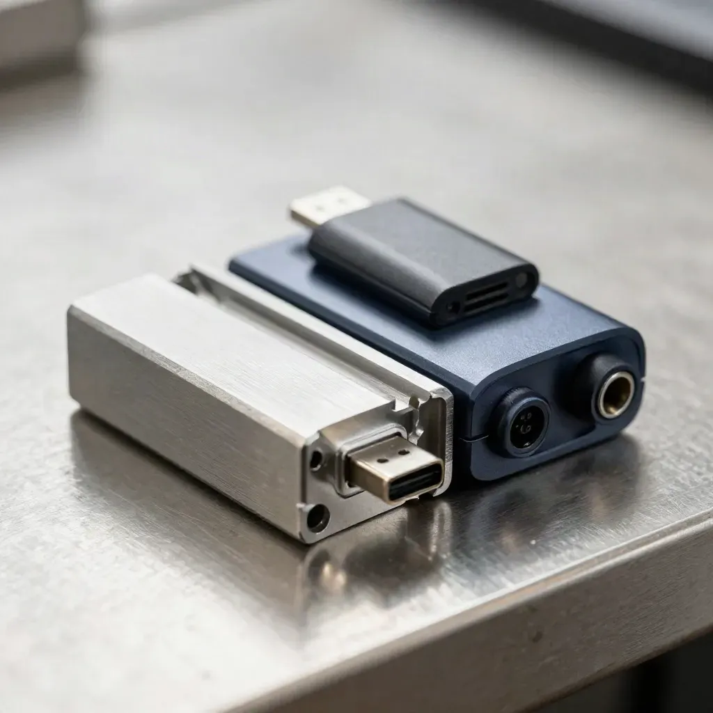 Machined enclosure halves nearly closed with adapter and bumper on brushed steel.