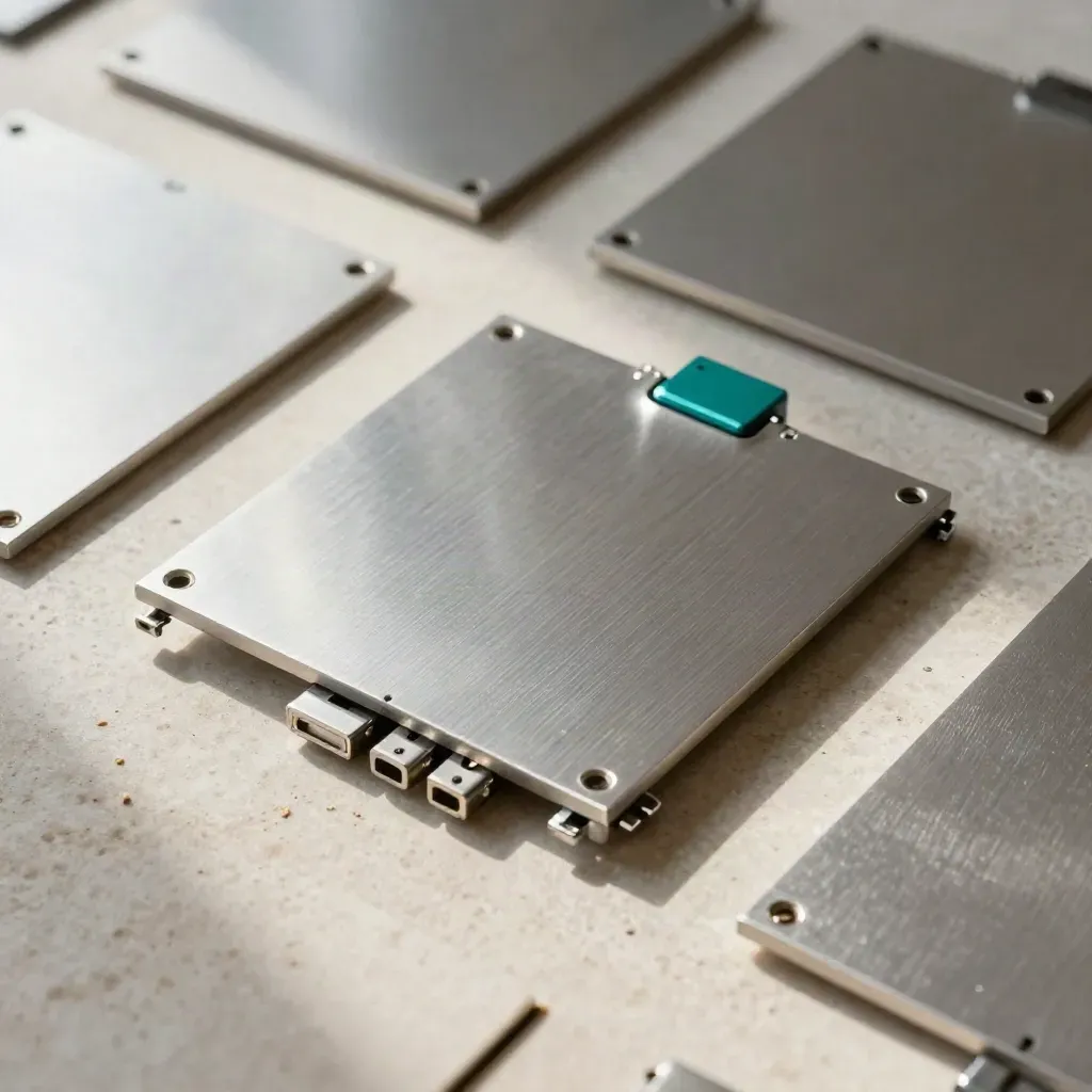 Aluminum web app modules, connectors, and teal ferrules aligned on pale stone in soft light.