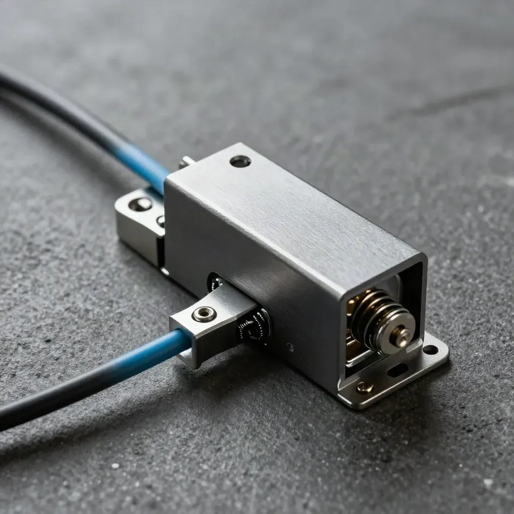 Relay switch with spring clips and cable channel on graphite concrete, lit dramatically.