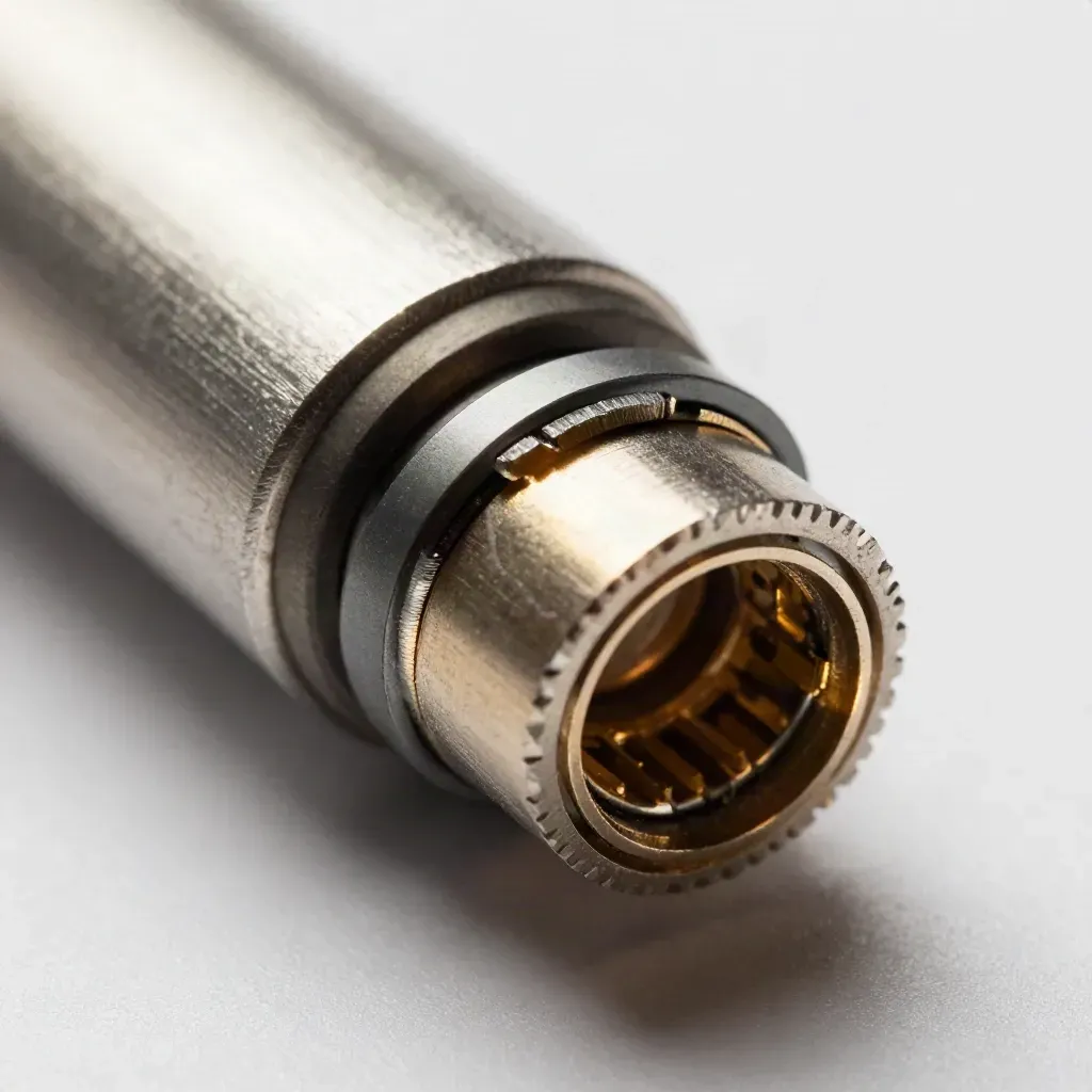 Macro of a board connector, adapter ring, and gasket on brushed metal