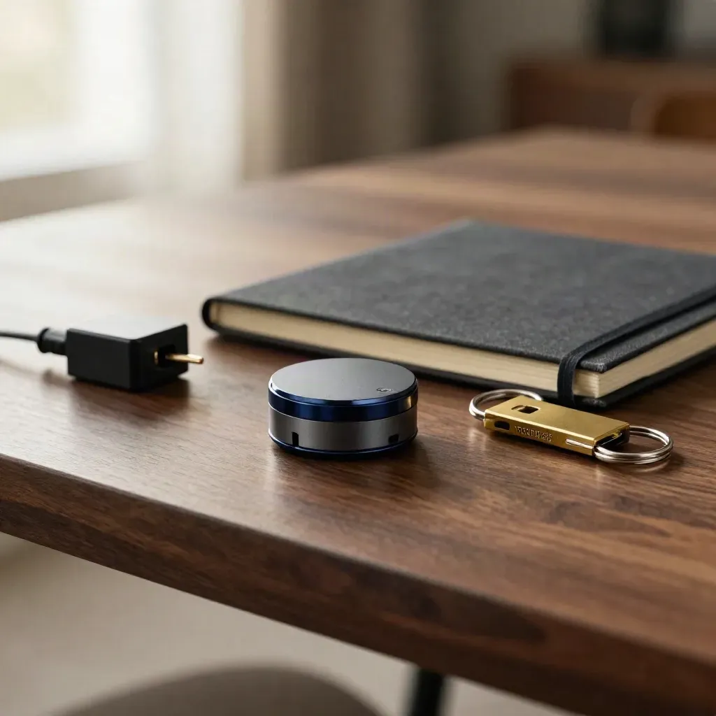 Startup launch kit still life on walnut with prototype puck, notebook, key fob and charger block.