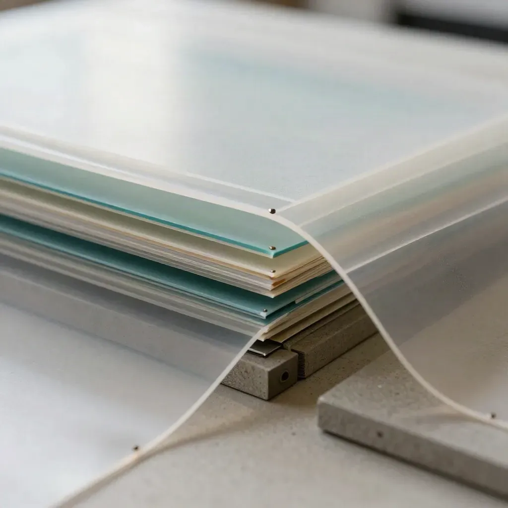 Acetate flow sheets and magnetic layout blocks on concrete with muted teal accents.