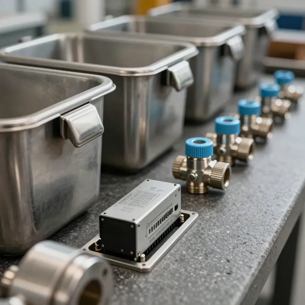 Industrial process bins, relay module, and conduit fittings on charcoal stone.
