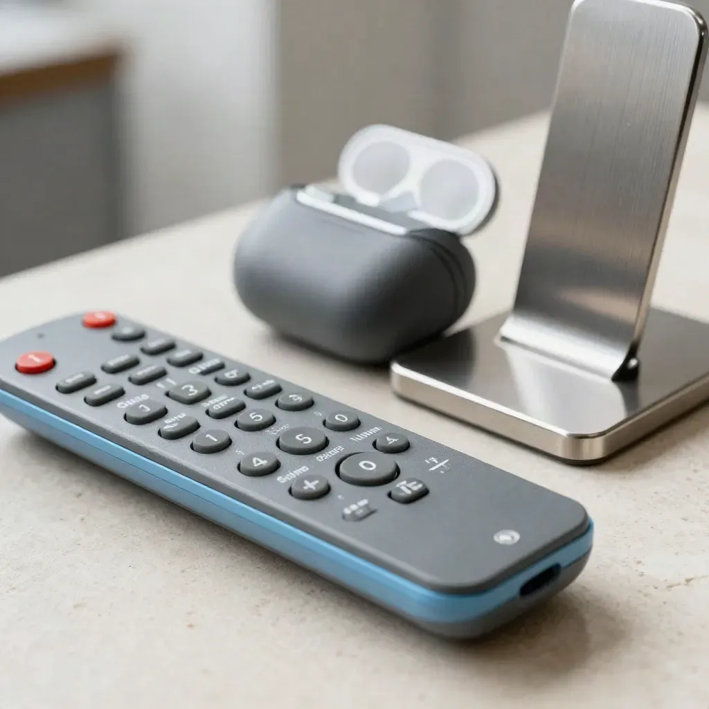 Macro still life of a demo remote, earpiece case and presentation stand on pale stone.