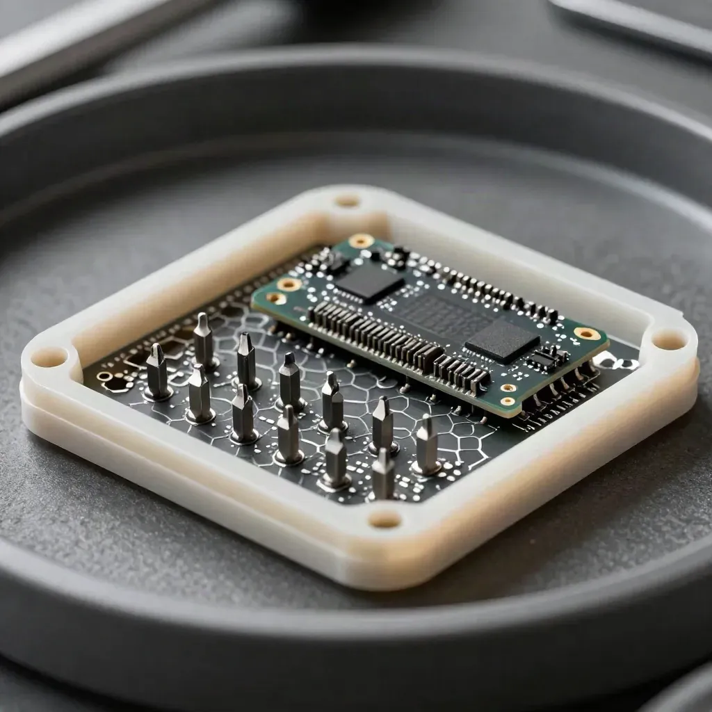 Microcontroller module and tools in an anti-static tray on charcoal slate.