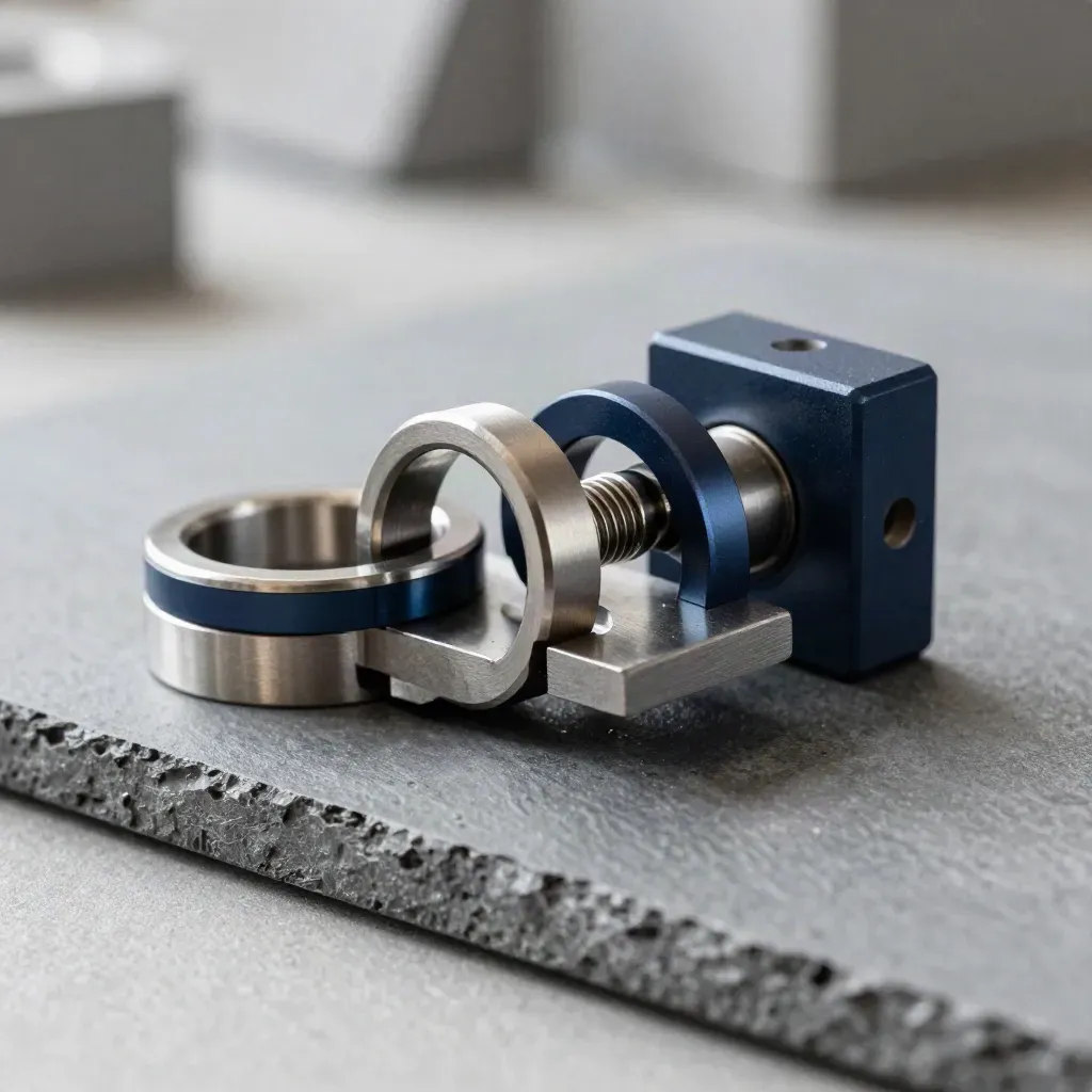 Linked machined rings and connector blocks on brushed metal, lit dramatically in a diagonal still life.