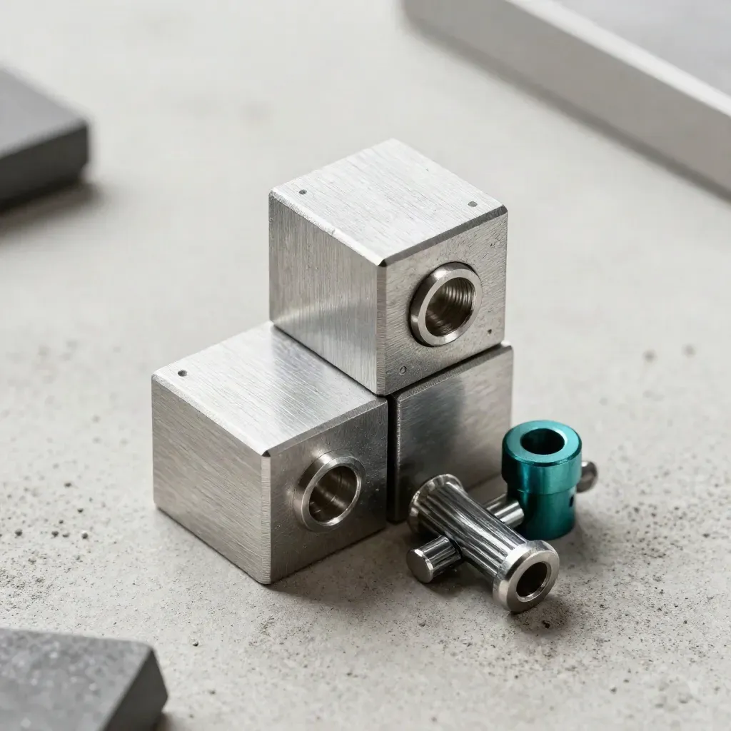 Macro top-down of stacked aluminum cubes and connector pins on pale concrete with a teal accent.