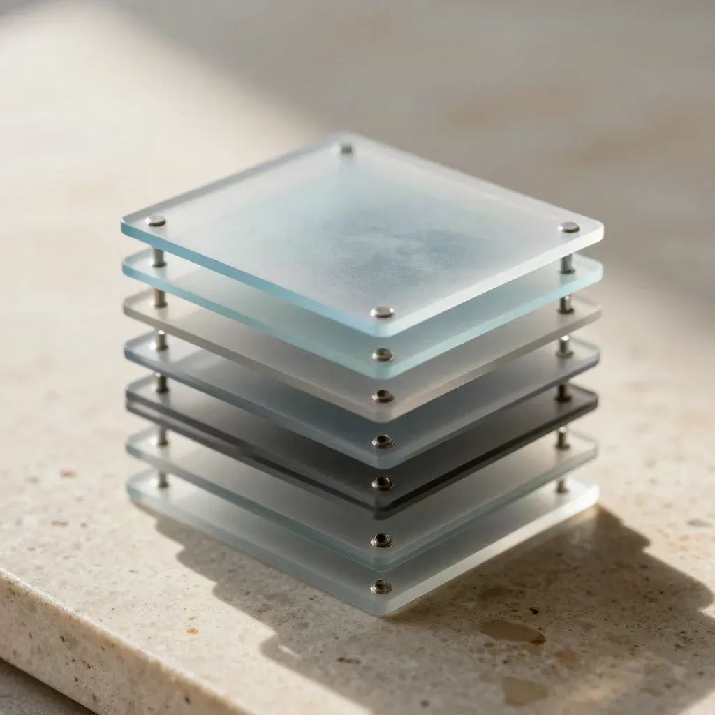 Translucent acrylic layers and magnets nesting on warm stone, lit with soft directional light.