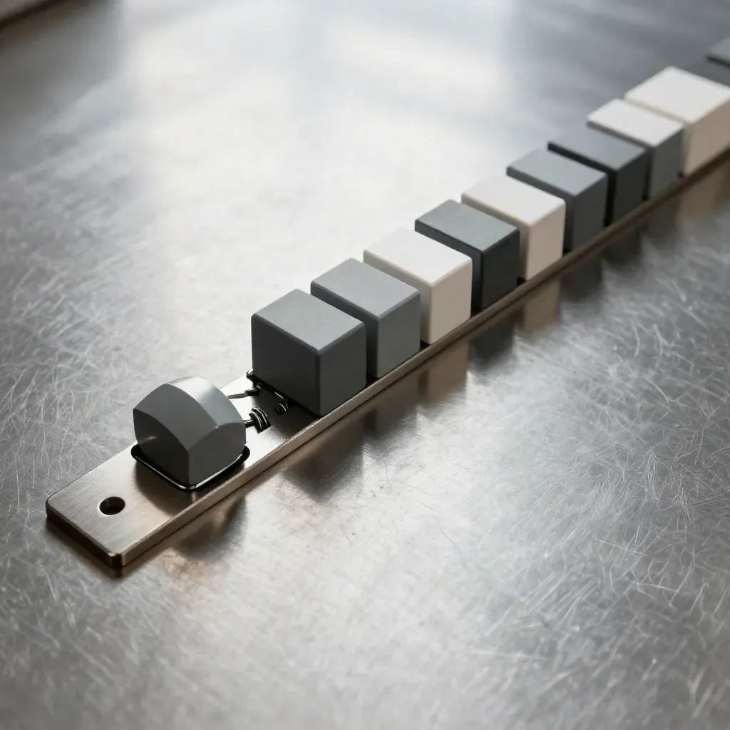 Top-down metal tabs, spring clip rail, and rounded blocks on brushed steel
