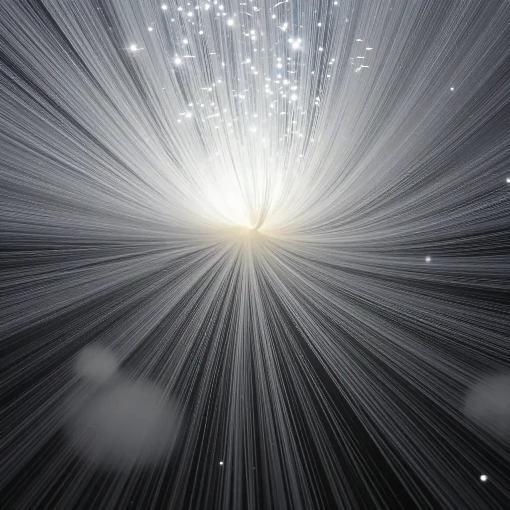 Silver light filaments converge into a soft white bloom in dark haze.